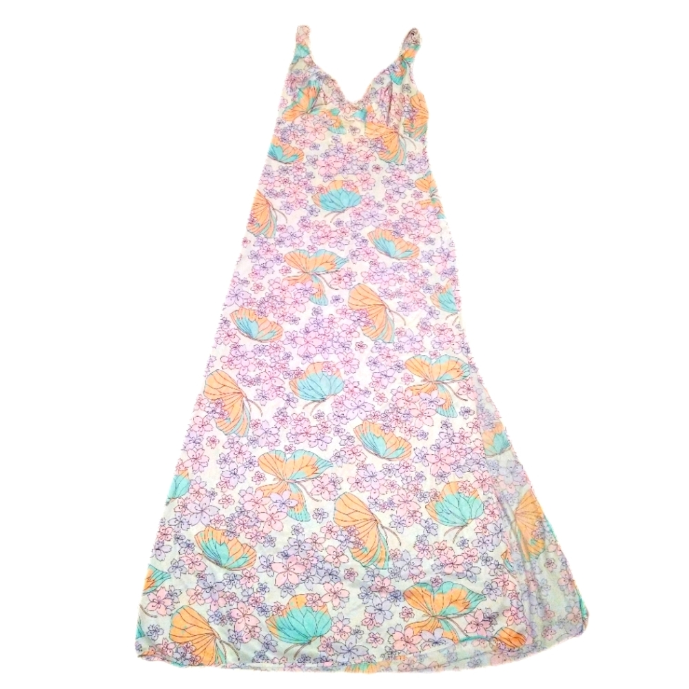Vintage Pastel Full Length Sleeveless House dress, Flower & Butterfly Print, S/M